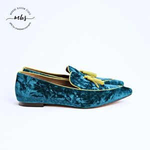 Saint G Simona Pointed Retro Y2K Eclectic Velvet Flat Loafers Blue Green 9